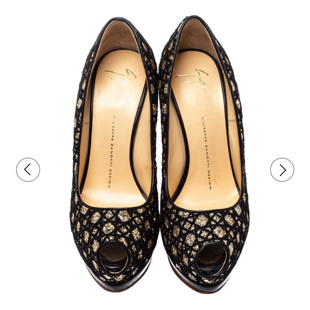 Giuseppe Zanotti Black Sharon Glitter And Lace Peep Toe Platform Pumps Size 37 - Picture 3 of 13
